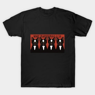 Never underestimate the power of a black cat. Black cats on a red background T-Shirt